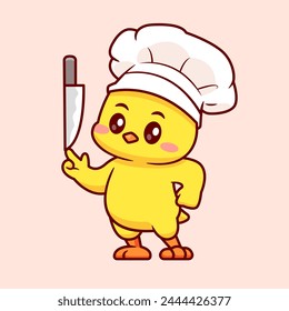 Cute Chicken Chef Holding Knife Cartoon Vector Icon Illustration. Animal Food Icon Concept Isolated Premium Vector. Flat Cartoon Style