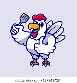 Cute Chicken Chef Holding Spatula Cartoon Vector Icon Illustration. Animal Profession Icon Concept Isolated Premium Vector. Flat Cartoon Style