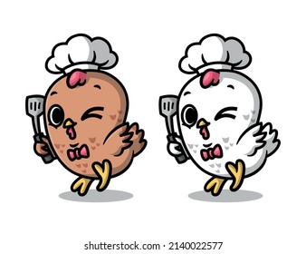CUTE CHICKEN CHEF IS HOLDING SPATULA IN TWO DIFFERENT COLOUR. CARTOON MASCOT DESIGN. 