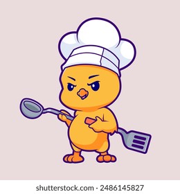 Cute Chicken Chef Holding Spatula And Ladle Cartoon Vector Icon Illustration. Animal Food Icon Concept Isolated Premium Vector. Flat Cartoon Style