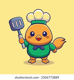 Cute Chicken Chef Holding Spatula cartoon Vector Icon Illustration Blue Color Animal Flat Icon Concept Isolated