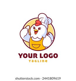 Lindo pollo chef logo mascota vector. Ilustración de animales de dibujos animados de estilo plano