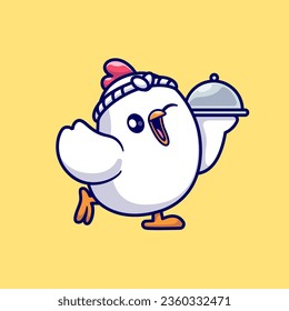 Cute Chicken Chef Serving Food Cartoon Vector Icon Illustration. Animal Food Icon Concept Isolated Premium Vector. Flat Cartoon Style