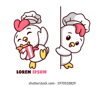 CUTE CHICKEN CHEF WITH TWO DIFFERENT ACTION :  BRINGING A BUCKET OF FRIED CHICKEN AND SHOWING A HAPPY FACE. HIGH QUALITY CARTOON MASCOT DESIGN.