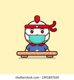Cute Chicken Chef Wearing Mask Cartoon Icon Illustration
