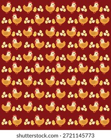 Cute Chicken, Chick and Egg Seamless Vector Pattern on Dark Red Background, Kawaii Farm Animal Illustration for Kids, Nursery Decor, Textile and Wallpaper Design