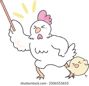 Cute chicken and chick holding a pointing stick - Genki