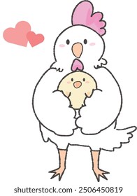 Cute chicken and chick hugging