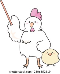 Cute chicken and chick with a pointing stick