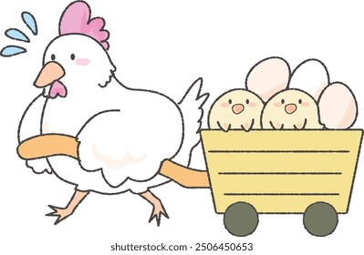 Lindo pollo y pollito tirando de un remolque