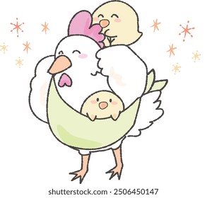 Cute chicken and chick raising and cuddling