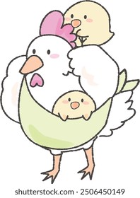 Cute chicken and chick raising and cuddling