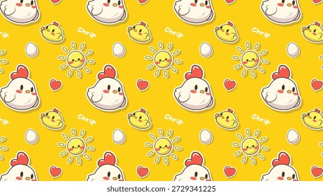 Cute Chicken and Chick Seamless Pattern on Yellow Background