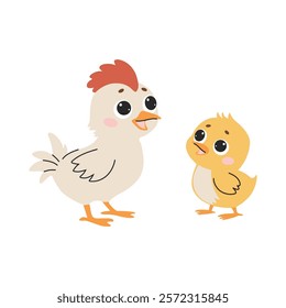 Cute chicken and chick. Set of flat vector illustrations on white background. Domestic birds