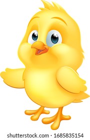 A Cute Chicken Chick Yellow Baby Bird Cartoon Mascot Illustration Pointing With Its Wing 