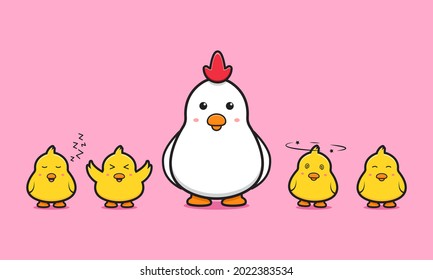 Cute chicken with chicks cartoon icon illustration. Design isolated flat cartoon style