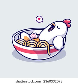 Cute Chicken Chill In Ramen Noodle Cartoon Vector Icon Illustration. Animal Food Icon Concept Isolated Premium Vector. Flat Cartoon Style