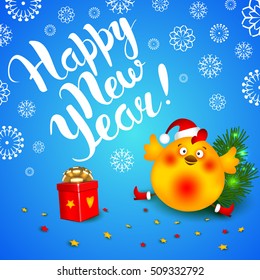 Cute chicken in Christmas hat and boots. Fiery rooster. Cartoon character. Modern brush calligraphy. Handwritten inscription Happy New Year.