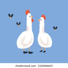 Cute chicken and cock, love couple. Funny kids characters, hen and rooster. Romantic farm birds. Childish adorable chicks. Fairy tale animals from nursery fiction. Childrens flat vector illustration