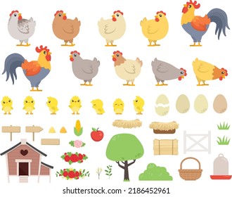 Cute Chicken Coop with Chicken Rooster and Baby Chicks Farm Illustration Set