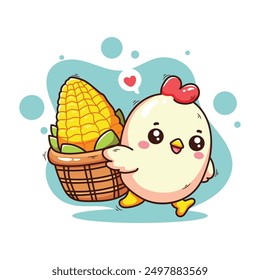 Cute chicken with corn and basket of corn. Vector illustration.