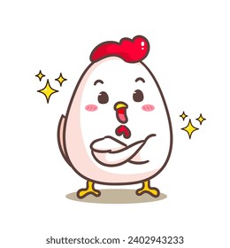 Cute chicken crossed arm cartoon. Adorable kawaii Animal concept design. Hand drawn mascot and logo vector illustration. Isolated white background.