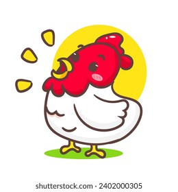 Cute chicken crowing cartoon. Adorable kawaii Animal concept design. Hand drawn mascot and logo vector illustration. Isolated white background.