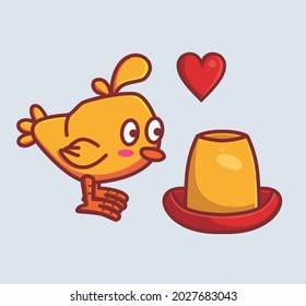 cute chicken curious with the food. Animal cartoon Isolated Flat Style Sticker Web Design Icon illustration Premium Vector Logo mascot character