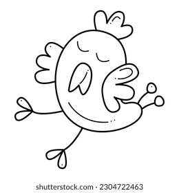 Cute chicken is dancing. Doodle black and white vector illustration.
