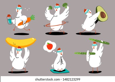 Cute chicken doing exercise. Healthy food and fitness. Funny birds with fruits and vegetables cartoon characters vector set.