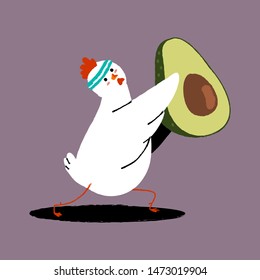 Cute chicken doing exercises with avocado. Vector cartoon bird character isolated on background. Healthy food and fitness concept illustration.