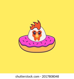 Cute chicken with a donut on his neck. Animal cartoon concept isolated. Can used for t-shirt, greeting card, invitation card or mascot.