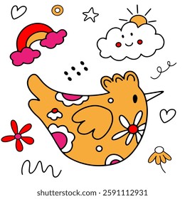 Cute chicken doodle pattern with rainbow, flowers, stars, and hearts in yellow color, fun children's design