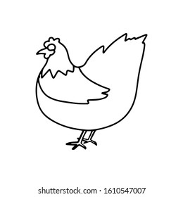 Cute chicken in doodle style isolated on white background.Single hand drawn bird.Outline vector stock illustration.Coloring book.Sign sketch.Farm animal hen.Element for greeting cards,posters,sticker.