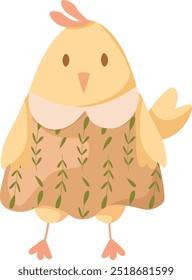Cute chicken in a dress with a pattern of twigs. Vector illustration on white isolated background