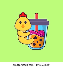 Cute chicken Drinking Boba milk tea. Animal cartoon concept isolated. Can used for t-shirt, greeting card, invitation card or mascot.
