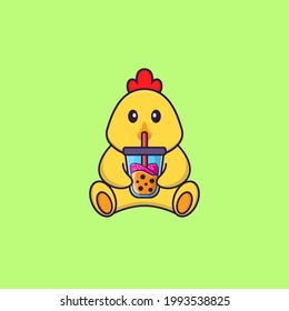 Cute chicken Drinking Boba milk tea. Animal cartoon concept isolated. Can used for t-shirt, greeting card, invitation card or mascot.