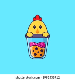Cute chicken Drinking Boba milk tea. Animal cartoon concept isolated. Can used for t-shirt, greeting card, invitation card or mascot.