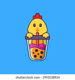 Cute chicken Drinking Boba milk tea. Animal cartoon concept isolated. Can used for t-shirt, greeting card, invitation card or mascot.