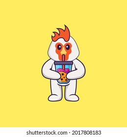 Cute chicken Drinking Boba milk tea. Animal cartoon concept isolated. Can used for t-shirt, greeting card, invitation card or mascot.