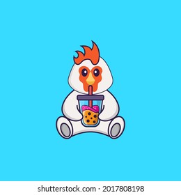 Cute chicken Drinking Boba milk tea. Animal cartoon concept isolated. Can used for t-shirt, greeting card, invitation card or mascot.