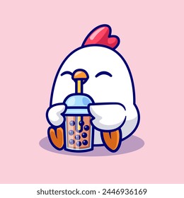 Cute Chicken Drinking Boba Milk Tea Cartoon Vector Icon Illustration. Animal Drink Icon Concept Isolated Premium Vector. Flat Cartoon Style