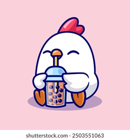 Cute Chicken Drinking Milk Tea Boba Cartoon Vector Icon Illustration. Animal Drink Icon Concept Isolated Premium Vector. Flat Cartoon Style