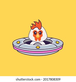 Cute chicken Driving Spaceship Ufo. Animal cartoon concept isolated. Can used for t-shirt, greeting card, invitation card or mascot.
