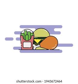 Cute chicken drumstick, cheese burger, and french fries Illustration. modern simple food vector icon, flat graphic symbol in trendy flat design style.