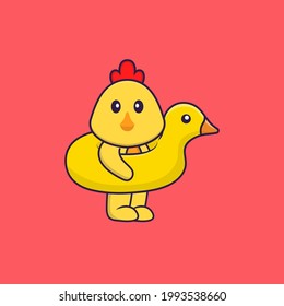 Cute chicken With Duck buoy. Animal cartoon concept isolated. Can used for t-shirt, greeting card, invitation card or mascot.