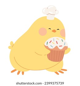 Cute chicken with Easter cake wearing a chef's hat for easter design. Little yellow cartoon chick character. Vector illustration for stickers, invitations, cards, scrapbooking, and packaging design.