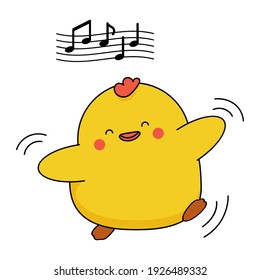 Cute chicken for Easter design. Kawaii character dances to the music. Funny vector illustration in cartoon style. Isolated on white.