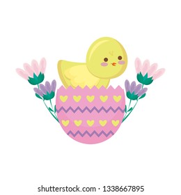 cute chicken of easter in egg with flowers