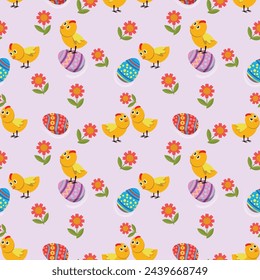 Cute chicken with Easter egg and flowers pattern.